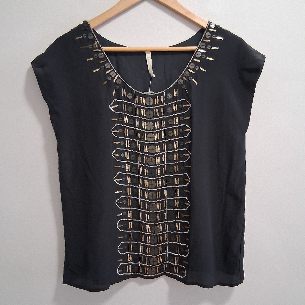 Love Sam Anthropologie NWT 100% Silk Beaded Boxy Blouse Size Small